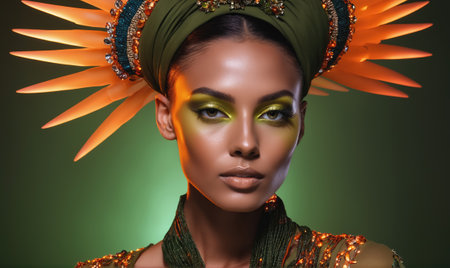 A woman with elaborate makeup and a large, ornate headdress stares directly at the cameraの素材