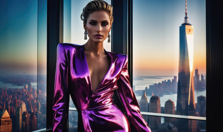 A woman in a purple dress looks out a window at the cityscape of New York City, with the Freedom Tower prominent in the backgroundの素材