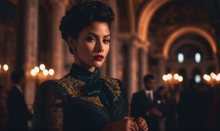 A woman in a black dress stands in a dimly lit room, looking directly at the cameraの素材