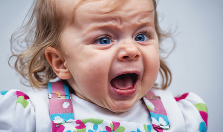 A toddler with blonde hair and blue eyes is screaming with their mouth wide openの素材