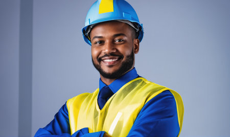 A construction worker wearing a blue hardhat and yellow safety vest smiles while standing in front of a grey wallの素材