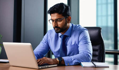 A man in a blue shirt and tie is working on his laptop at his desk in an officeの素材
