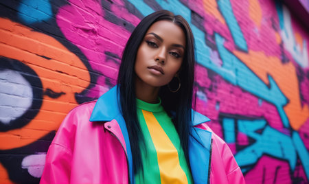 A woman poses in front of a colorful graffiti wallの素材