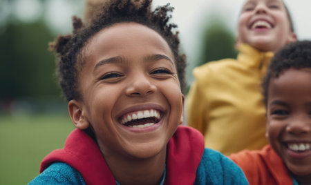 A young boy laughs with joy while sitting with his friends on a sunny dayの素材