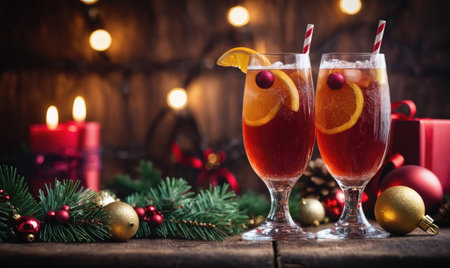 Two glasses of festive red cocktails with orange slices and cranberries, surrounded by Christmas decorations and candles on a wooden tableの素材