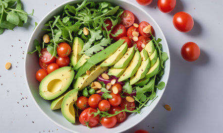 A fresh salad with avocado, cherry tomatoes, and arugula in a white bowlの素材