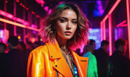 A woman with pink and green hair poses at a club with neon lightsの素材