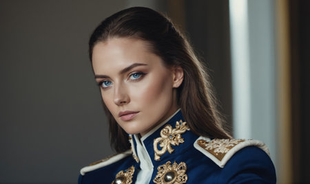 A woman with long brown hair looks intently at the camera while wearing a blue jacket with gold embroideryの素材