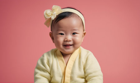 A baby girl wearing a yellow cardigan and a bow smiles brightly against a pink backdropの素材