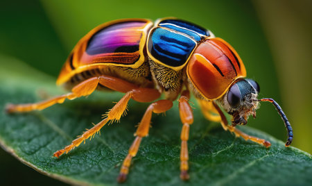 A vibrant beetle with a blue, red, and purple shell rests on a green leafの素材