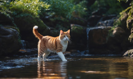 A cat is walking in a stream of waterの素材