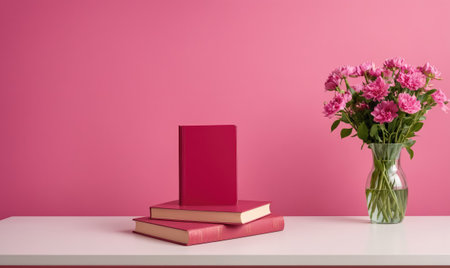 Three pink books are stacked on a white table in front of a pink wall with a vase of pink flowersの素材
