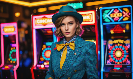 A woman in a blue blazer and hat stands in front of a row of brightly lit slot machines in a casinoの素材