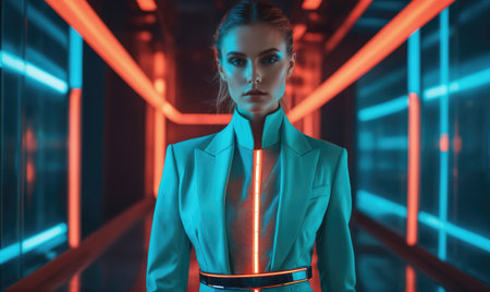 A woman in a teal suit stands in a hallway lit with red and blue neon lightsの素材