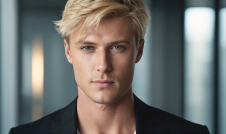 A young man with blonde hair and blue eyes looks directly at the cameraの素材
