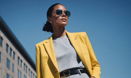 A woman in a yellow jacket and sunglasses stands in front of a buildingの素材
