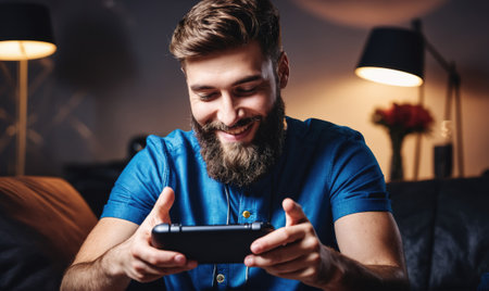 A man with a beard is playing a game on his phone while sitting on a couch in the eveningの素材