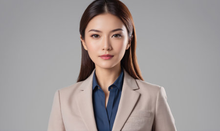 A woman in a beige blazer looks directly at the camera against a gray backgroundの素材