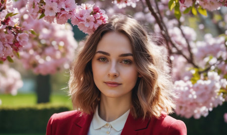 A woman with light brown hair smiles in front of a cherry blossom tree on a sunny dayの素材