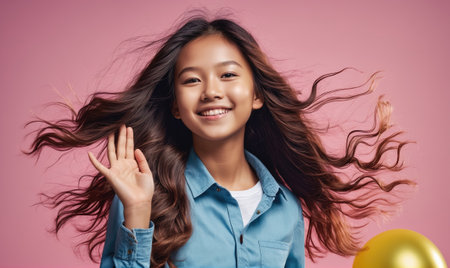 A young woman with long, brown hair smiles and waves in front of a pink backgroundの素材