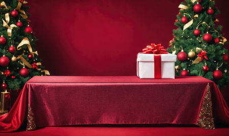 A white gift box with a red bow sits on a red tablecloth in front of a Christmas treeの素材