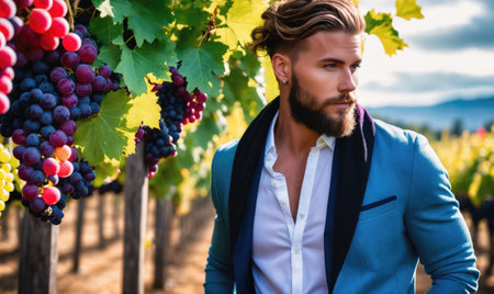 A man with a beard stands in a vineyard, looking at the grapesの素材