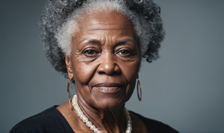 A woman with graying hair and a kind smile looks directly at the cameraの素材