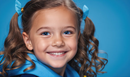 A young girl with blue eyes and curly brown hair smiles brightly in front of a blue backgroundの素材