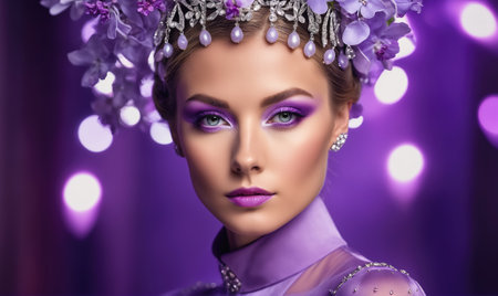 A woman with purple eyeshadow and lipstick poses in front of a purple background with lightsの素材