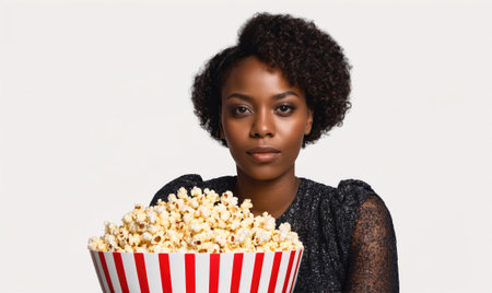 A woman with short, curly hair holds a large bowl of popcorn in front of herの素材