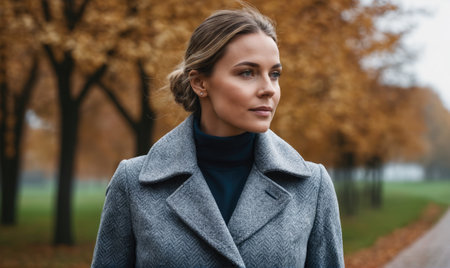A woman wearing a grey coat stands in a park with autumn leaves on the groundの素材