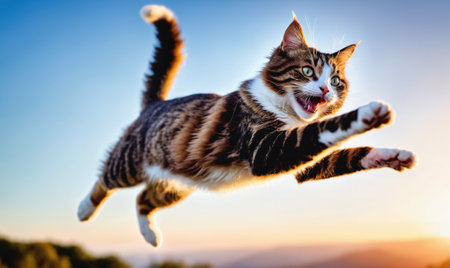 A tabby cat leaps through the air with its paws extended, against a backdrop of a bright blue sky and a golden sunsetの素材