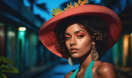 A woman with curly hair wears a wide-brimmed hat adorned with coral while standing in a tropical location at nightの素材