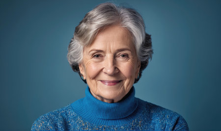 A woman with gray hair smiles at the camera while wearing a blue sweaterの素材
