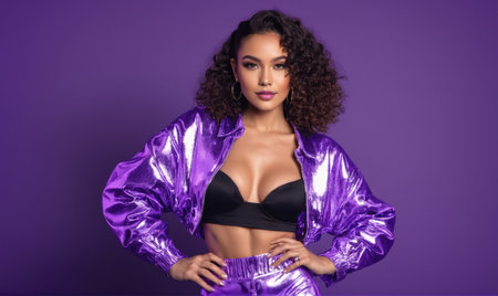 A woman with curly hair poses in front of a purple backgroundの素材