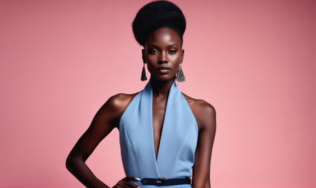 A woman with dark skin and a high bun poses in a blue halter top and black belt against a pink backgroundの素材