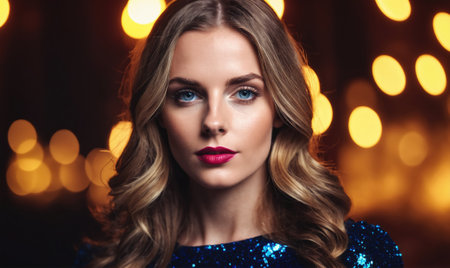A woman with blonde, wavy hair and blue eyes poses in front of a blurred background of bright yellow lightsの素材