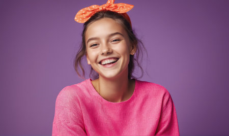 A young woman smiles brightly while wearing a pink sweater and a polka-dotted headbandの素材