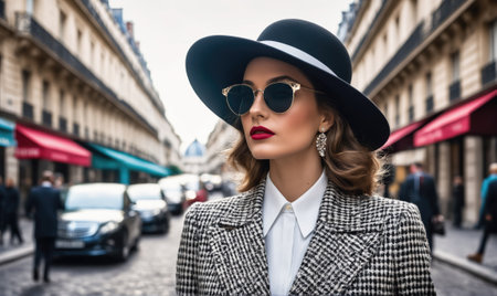 A woman wearing a black hat, sunglasses, and a black-and-white checkered coat walks down a Parisian streetの素材