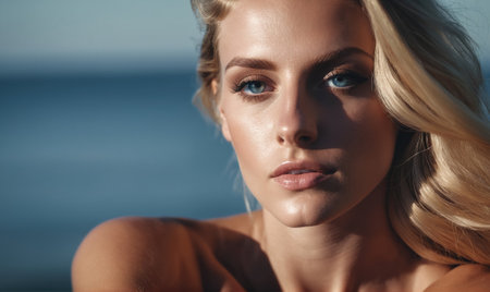 A woman with blonde hair and blue eyes stares into the distance on a bright, sunny dayの素材