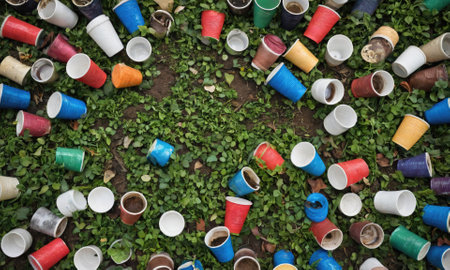 A collection of colorful plastic cups scattered on a grassy groundの素材