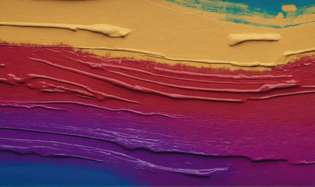 A close-up of layered paint in yellow, red, purple, and blue huesの素材