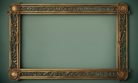 A ornate gold frame is set against a teal wallの素材