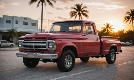 A classic red pickup truck is parked on a street in a tropical location, with palm trees and a sunset in the backgroundの素材