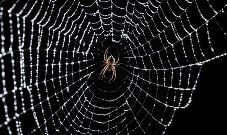A spider sits in the center of its web, which is covered in dew dropsの素材