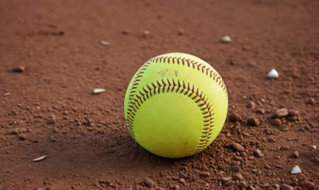 A softball lies on the red clay infield of a baseball fieldの素材