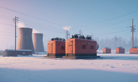 Two red generators are sitting in the snow next to a power plantの素材