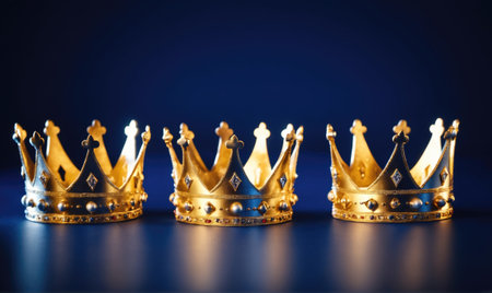 Three gold crowns sit on a blue backgroundの素材