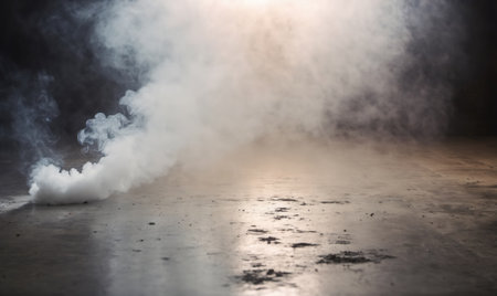 White smoke billows out in a dark room, illuminating the concrete floor with a soft lightの素材