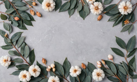 White cotton flowers and green leaves frame a gray surfaceの素材